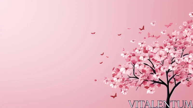 Cherry Blossom Tree and Butterflies on Pink Background AI Image