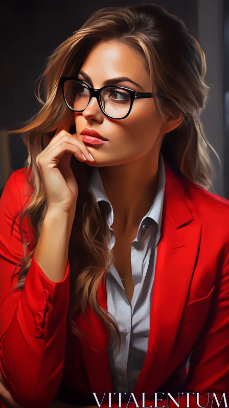Chic Woman Portrait in Red Blazer AI Image
