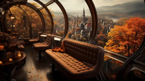 Cozy Steampunk Living Room with Autumn Landscape View