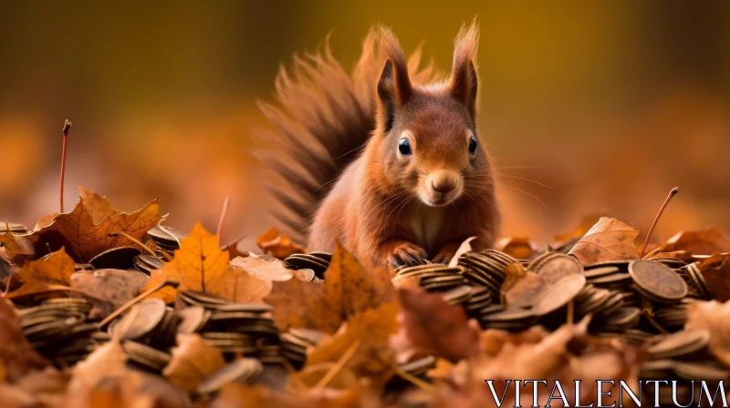 AI ART Curious Red Squirrel on Fallen Leaves