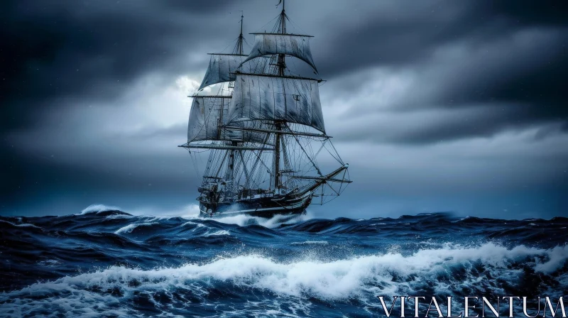 Dramatic Ship Painting on Rough Sea AI Image