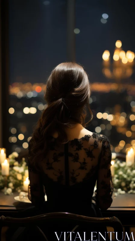 Elegant Woman in Black Dress at Night City Restaurant AI Image