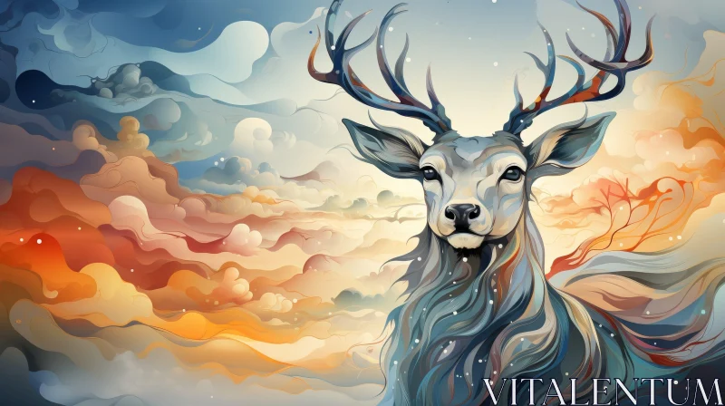 AI ART Majestic Deer in Field with Large Antlers