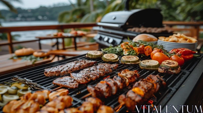 Ocean View Barbecue Grill with Variety of Food AI Image