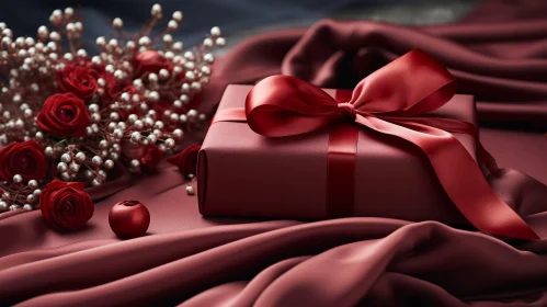 Red Gift Box with Ribbon on Satin Background