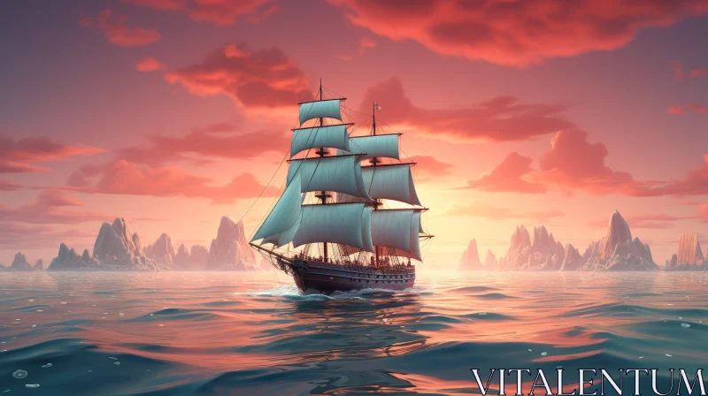 Sunset Seascape Painting with Ship Sailing on Calm Sea AI Image