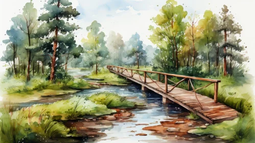 Tranquil Watercolor Painting of Wooden Bridge in Forest