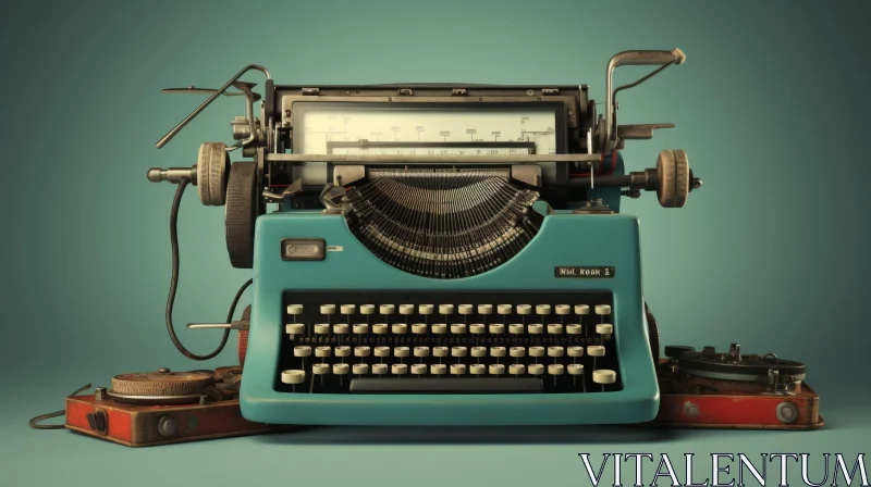 AI ART Vintage Blue Typewriter on Green Background