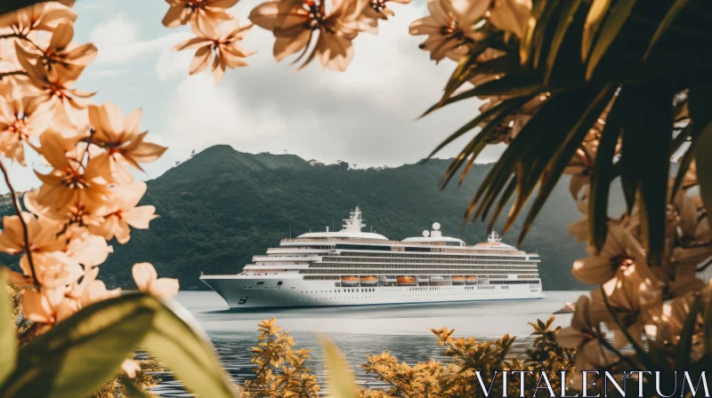 White Cruise Ship Sailing in Tropical Paradise AI Image