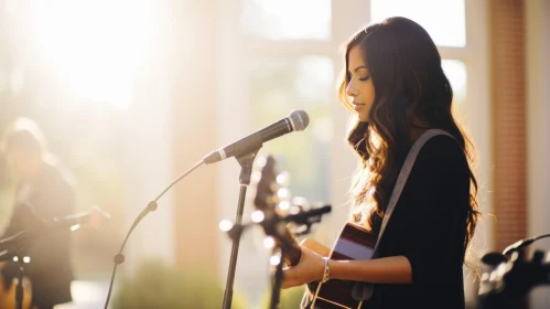 Young Woman Singing and Playing Guitar - Music Performance Image