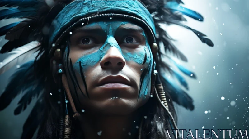 AI ART Native American Man Portrait with Blue Face Paint and Feathered Headdress