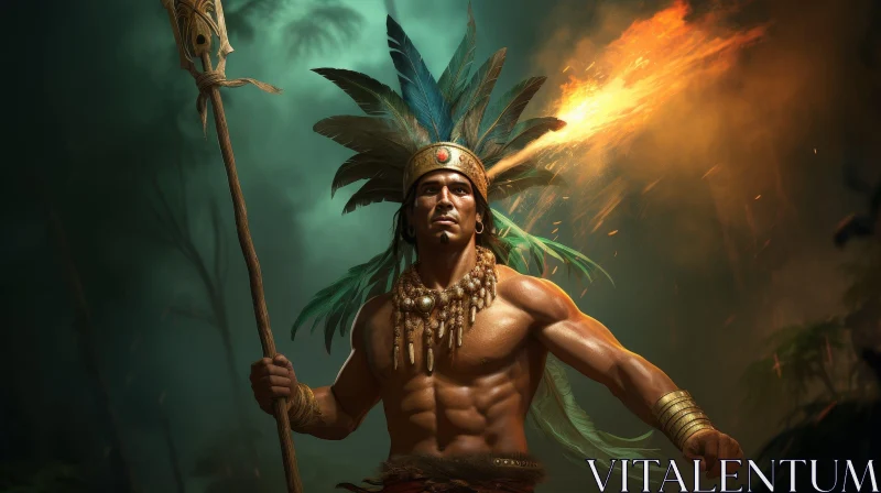 Native American Warrior in Forest - Battle Scene AI Image