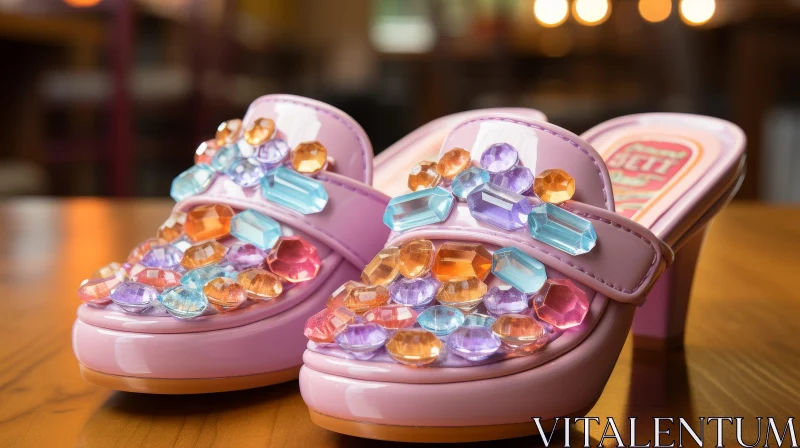 Pink Rhinestone Shoes on Wooden Table AI Image