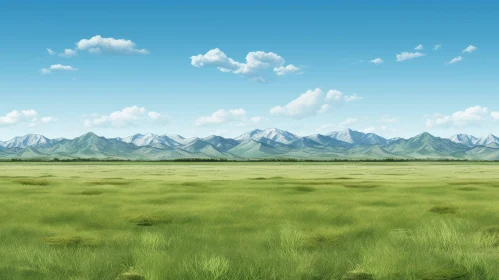 Tranquil Green Plain with Snowy Mountains