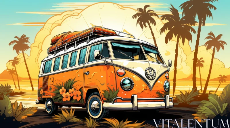 Vintage Volkswagen Bus Cartoon Illustration AI Image