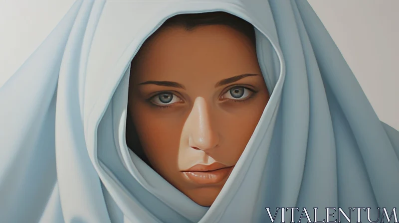 Young Woman in Blue Headscarf - Realistic Painting AI Image