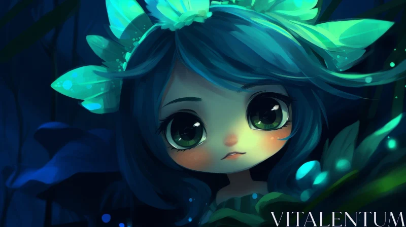 Chibi Anime Girl in Blue Forest - Digital Painting AI Image