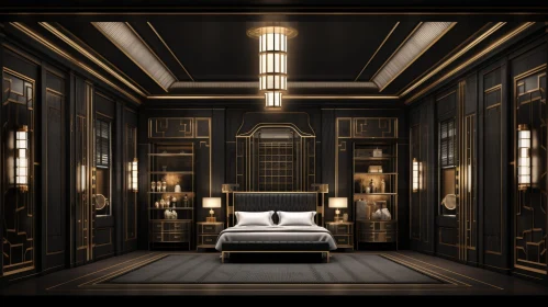 Dark Moody Art Deco Style Bedroom 3D Rendering