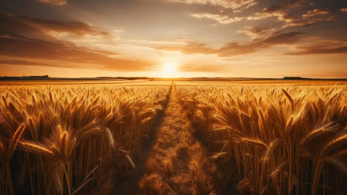 Golden Glow: Serene Wheat Field Sunset Landscape