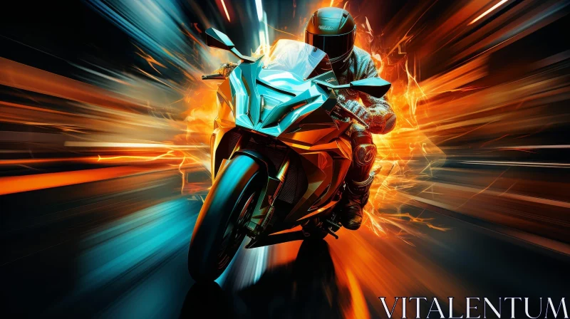 AI ART Man Riding Blue and Orange Sport Motorcycle
