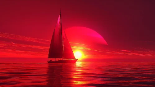 Red Sunset Seascape with Sailboat