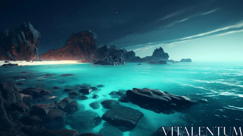 Serene Rocky Beach Landscape with Starlit Sky AI Image