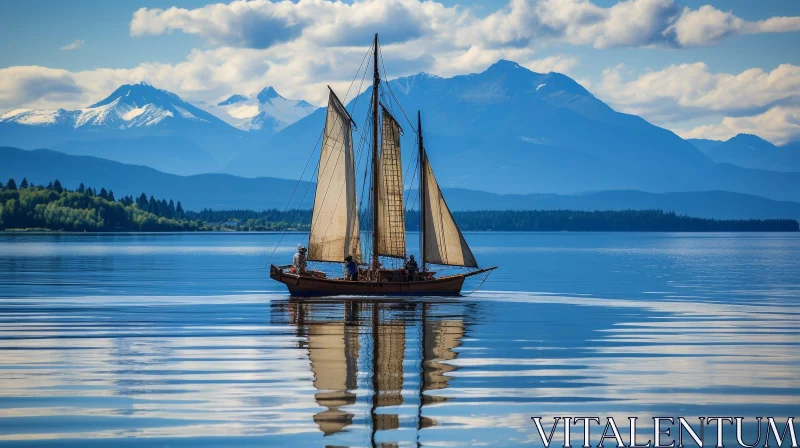 AI ART Tranquil Sailboat Scene on Blue Lake with Mountains