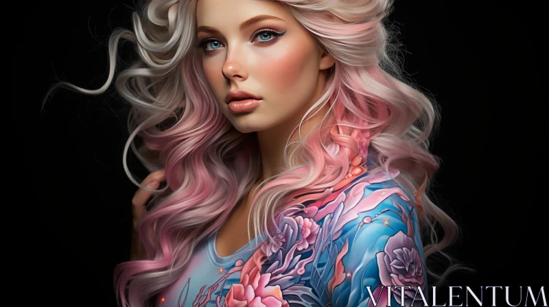 Beautiful Young Woman Portrait with Pink Hair and Blue Eyes AI Image