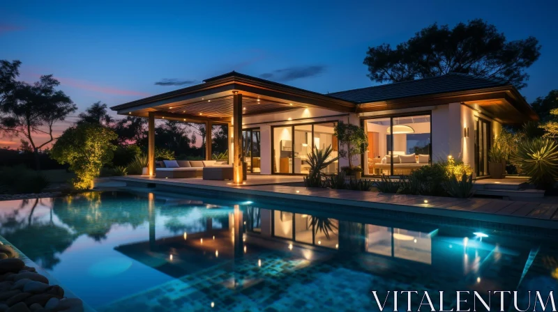 AI ART Contemporary House Night View with Pool and Trees