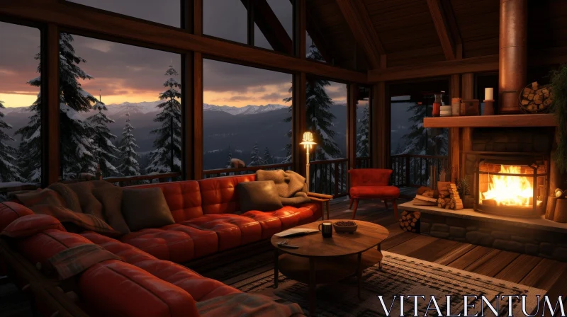 AI ART Cozy Living Room with Fireplace and Snowy Mountain View