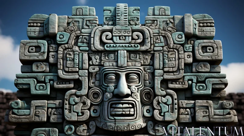 AI ART Mayan Stone Carving - Intricate Human Face and Hieroglyphs