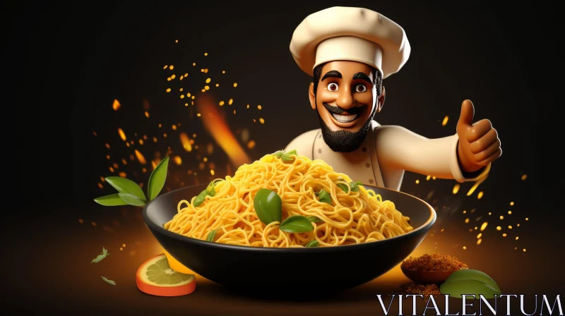 Smiling Chef with Pasta - 3D Rendering AI Image