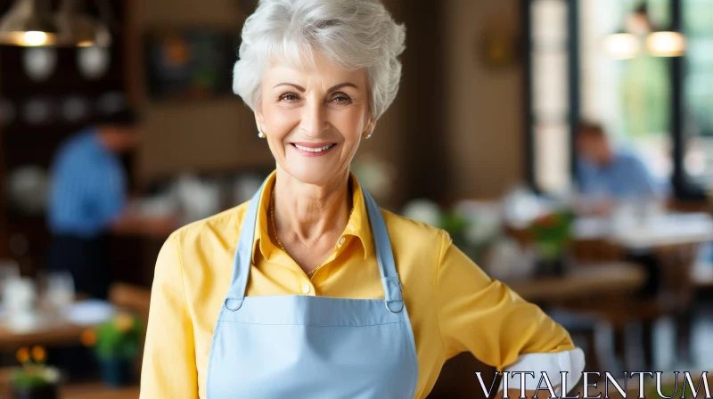 Smiling Elderly Woman in Yellow Blouse - Restaurant Scene AI Image