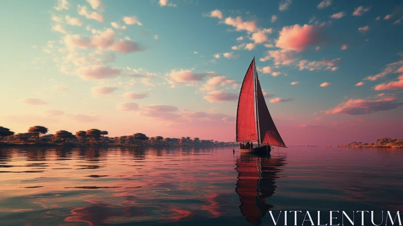 Tranquil Lake Landscape with Red Sailboat AI Image