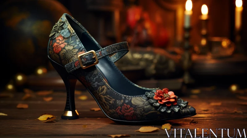 Vintage Women's Shoe with Floral Pattern and Red Accessory AI Image