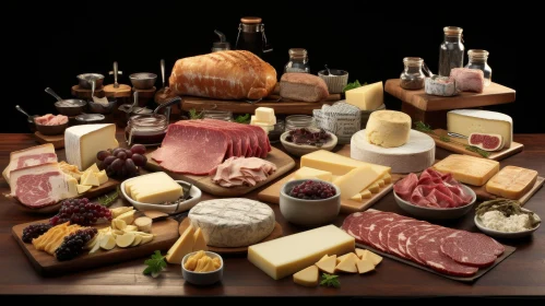 Artistic Food Still Life with Cheese, Meat, and Fruits