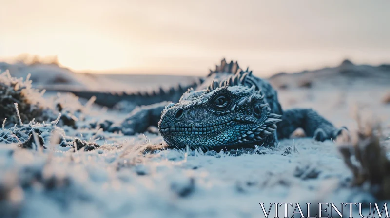 Blue Iguana Close-Up on Snowy Ground AI Image