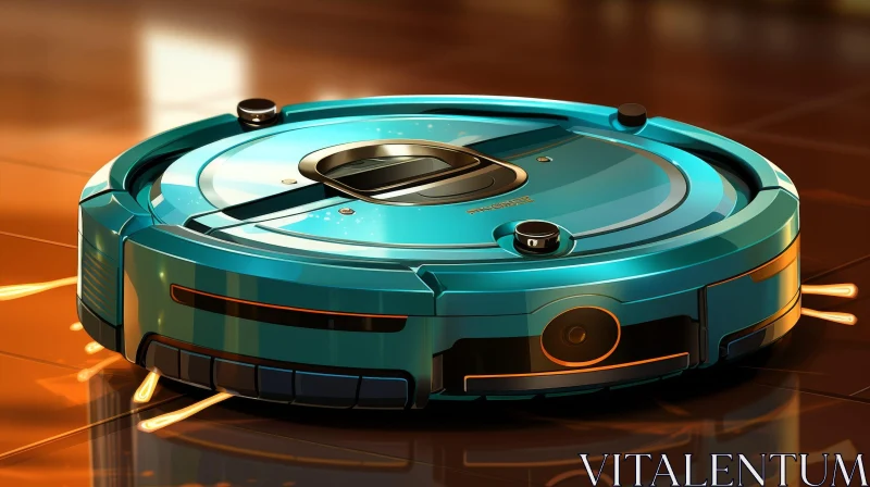 Blue Robot Vacuum Cleaner on Wooden Floor AI Image