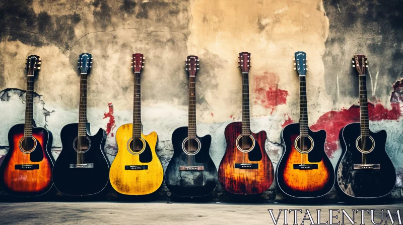 Colorful Acoustic Guitars Against Grunge Wall AI Image