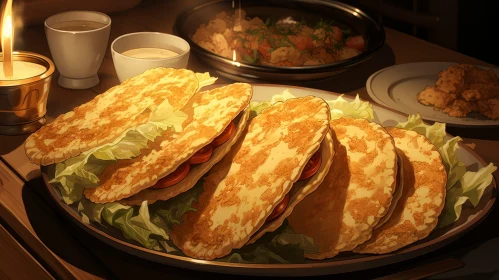 Delicious Pancakes and Soup on Wooden Table
