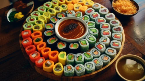 Delicious Sushi Platter on Wooden Plate