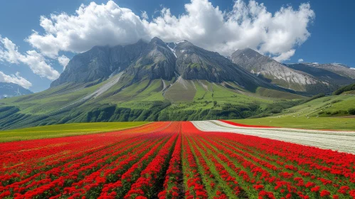 Field of Red Flowers with Snowy Mountains