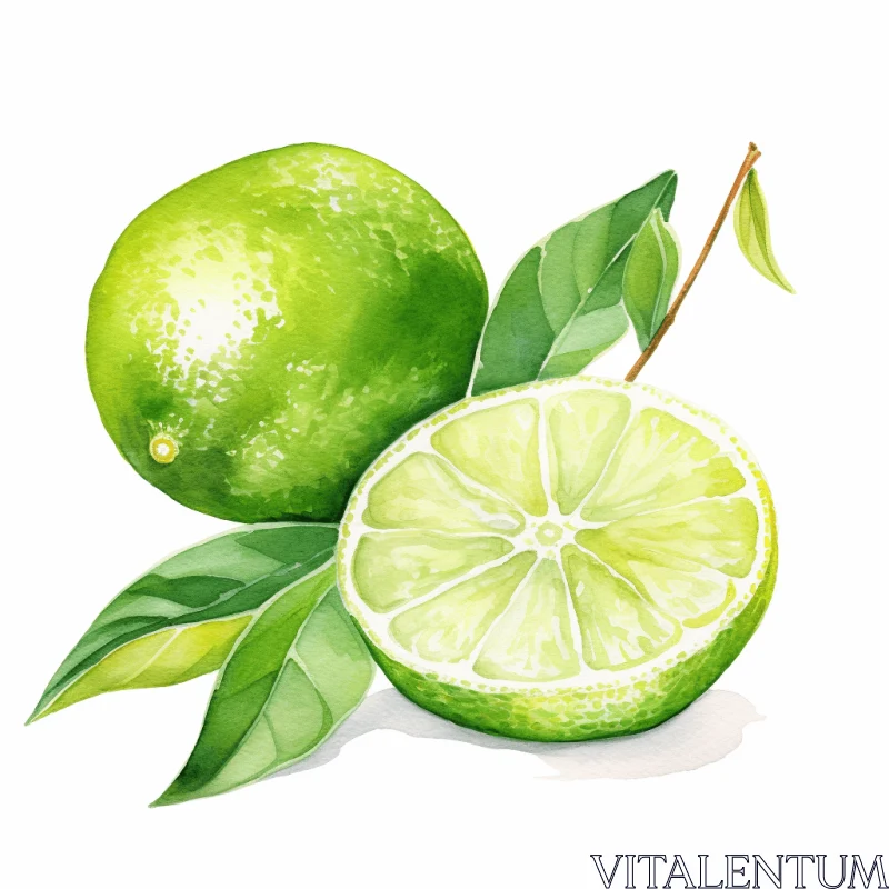 Green Limes and Leaves Watercolor Illustration | Eye-Catching and Lifelike Style AI Image