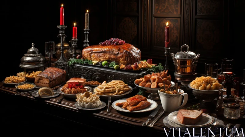 Opulent Medieval Feast Photo with Roasted Goose and Fine Dining AI Image