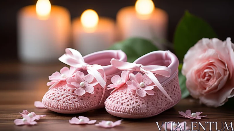 Pink Baby Shoes with Floral Appliques on Wooden Surface AI Image