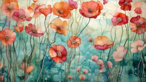 Red and Orange Poppies Watercolor Painting in Field