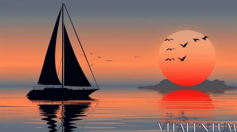 AI ART Sailboat on Ocean at Sunset