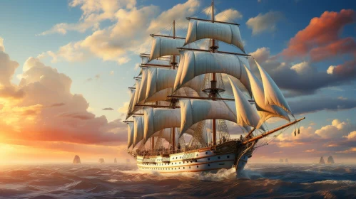 Tall Ship Sailing on Stormy Seas - Digital Painting