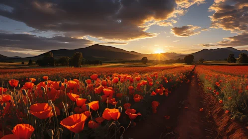 Tranquil Field of Red Poppies at Sunset