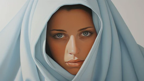 Young Woman in Blue Headscarf - Realistic Painting